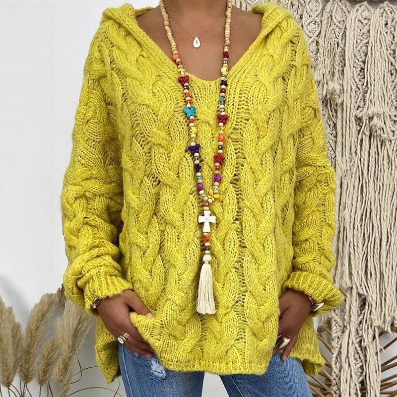 Women Oversized Cable Knit Sweater with Hood and Casual V-Neck Chichicherry