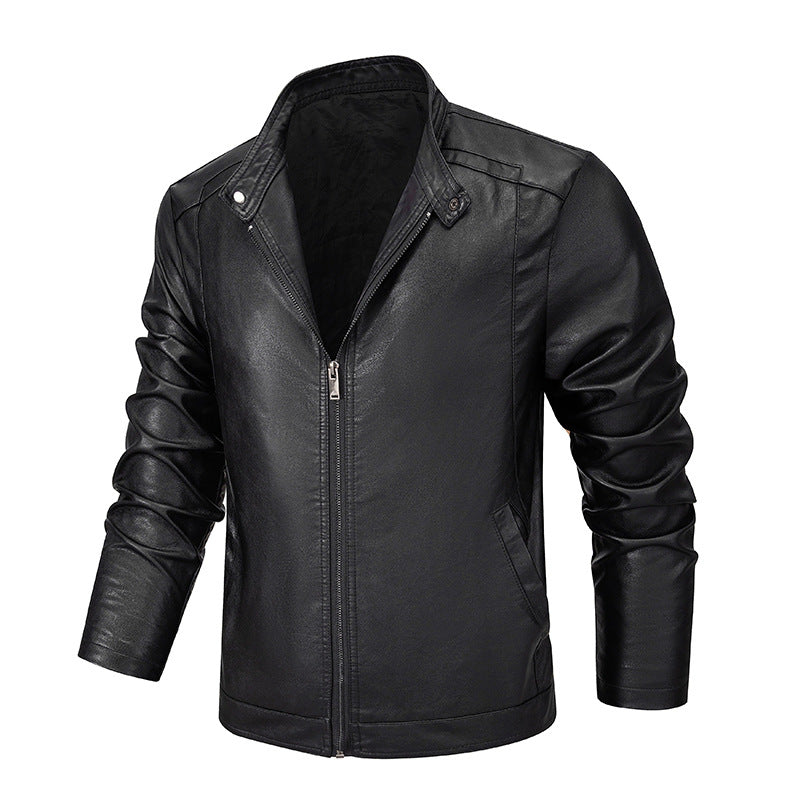 Men's Slim-Fit Faux Leather Zip Jacket with Stand Collar and Seam Panels Chichicherry