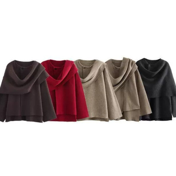 Women's Layered Poncho with Sleeves and Button Collar Chichicherry