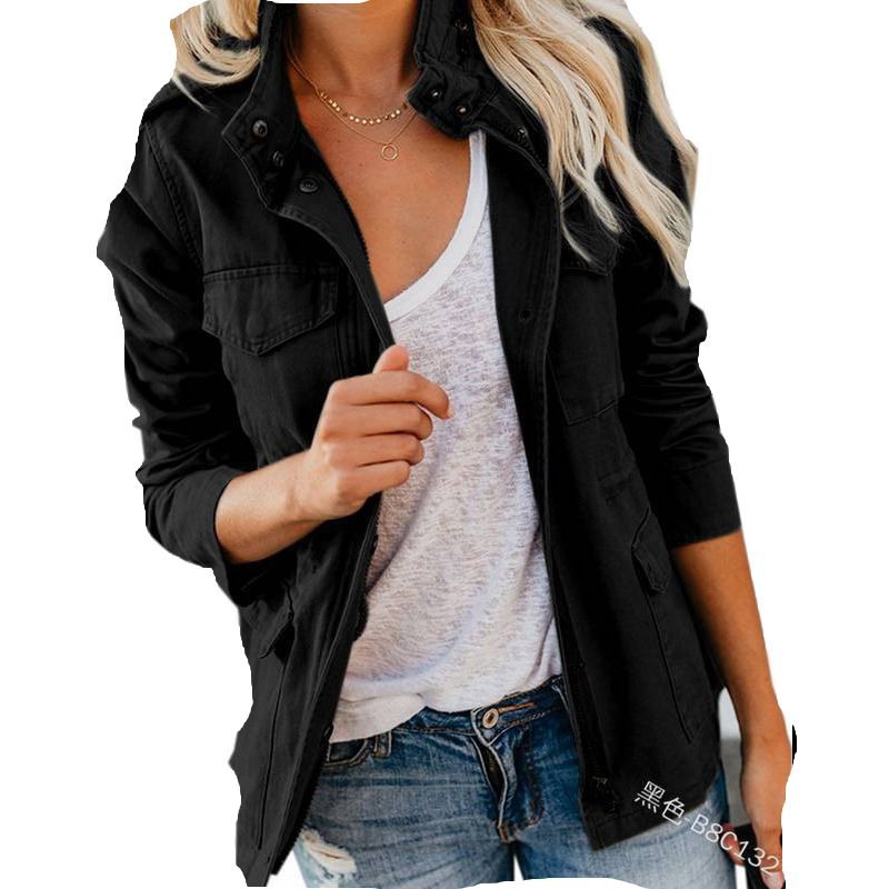 Women’s utility field jacket with stand-up collar, patch pockets and waist drawstring Chichicherry