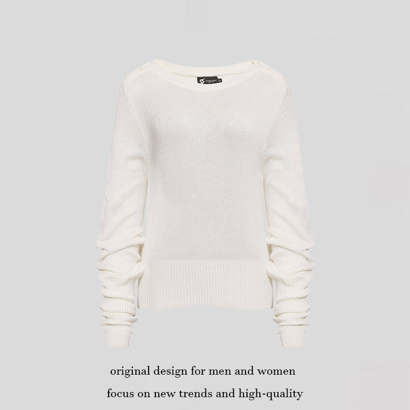 Women's lightweight fine knit pullover with dropped shoulders and long ruffled sleeves Chichicherry