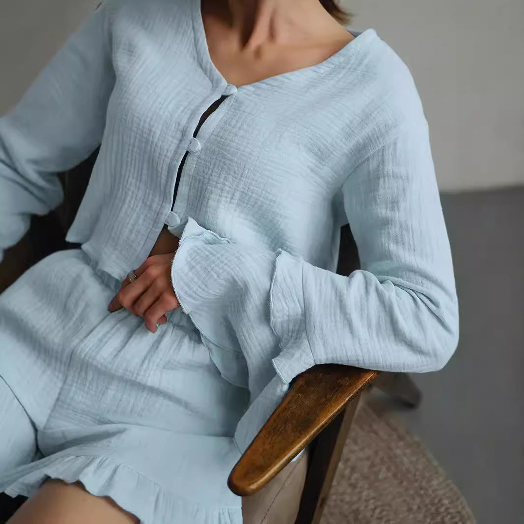 Women Two-Piece Crinkle Lounge Set with Ruffle Shorts and Tiered Trumpet Sleeves Chichicherry