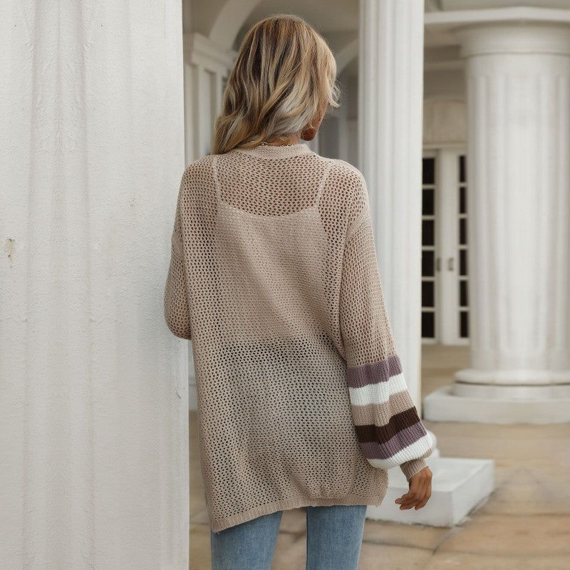 Women's Open Long Cardigan Knit Sweater with Openwork Knit, Balloon Sleeves and Striped Sleeve Fit Chichicherry