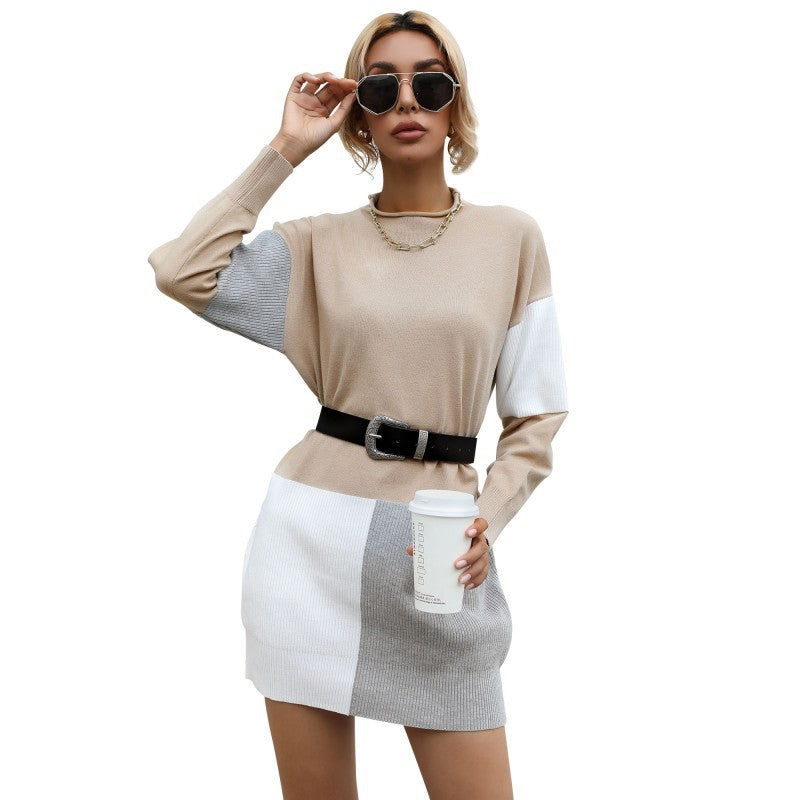 Women's color block knit dress in mini look with boxy silhouette and ribbed inserts Chichicherry
