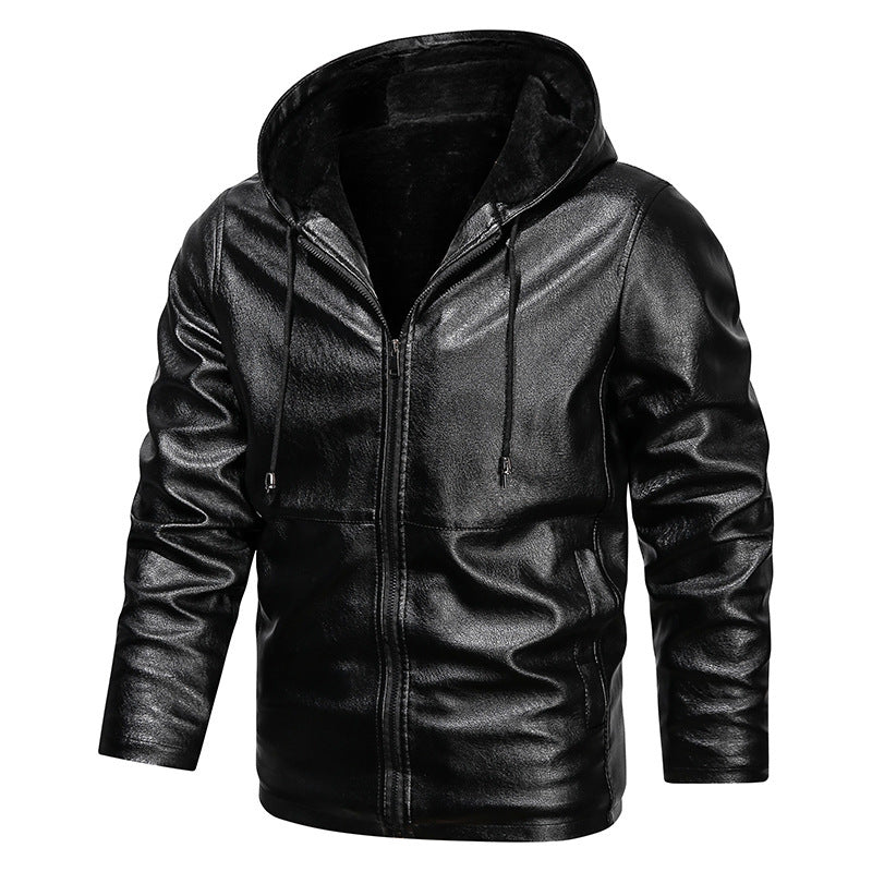 Men's faux leather hoodie jacket with teddy fleece lining and slim silhouette Chichicherry