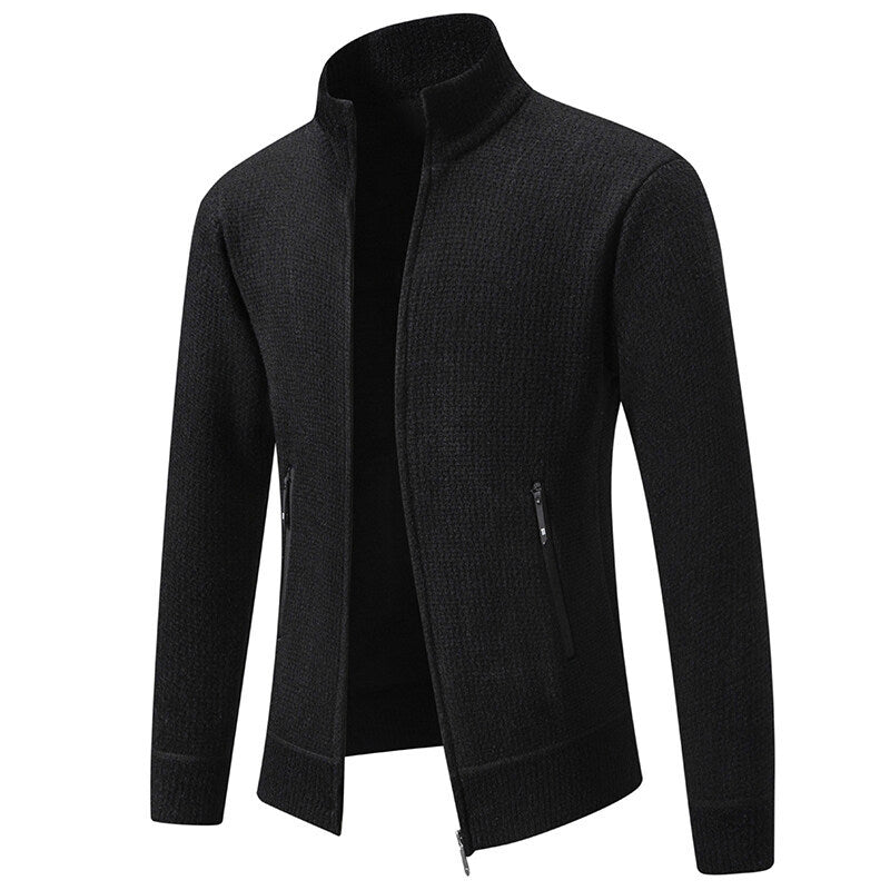Men's Textured Zip Knit Cardigan with Stand Collar, Waffle Texture and Zipper Pockets Chichicherry