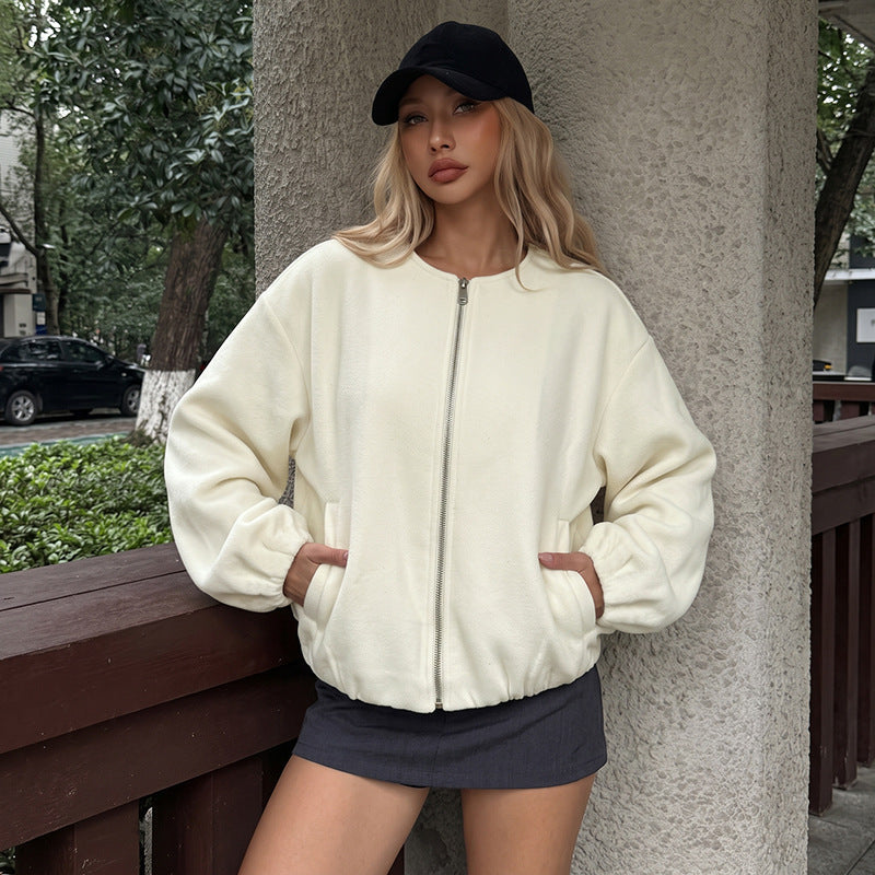 Women's Padded Teddy Fleece Bomber Jacket with Zipper, Elastic Hem and Side Pockets Chichicherry