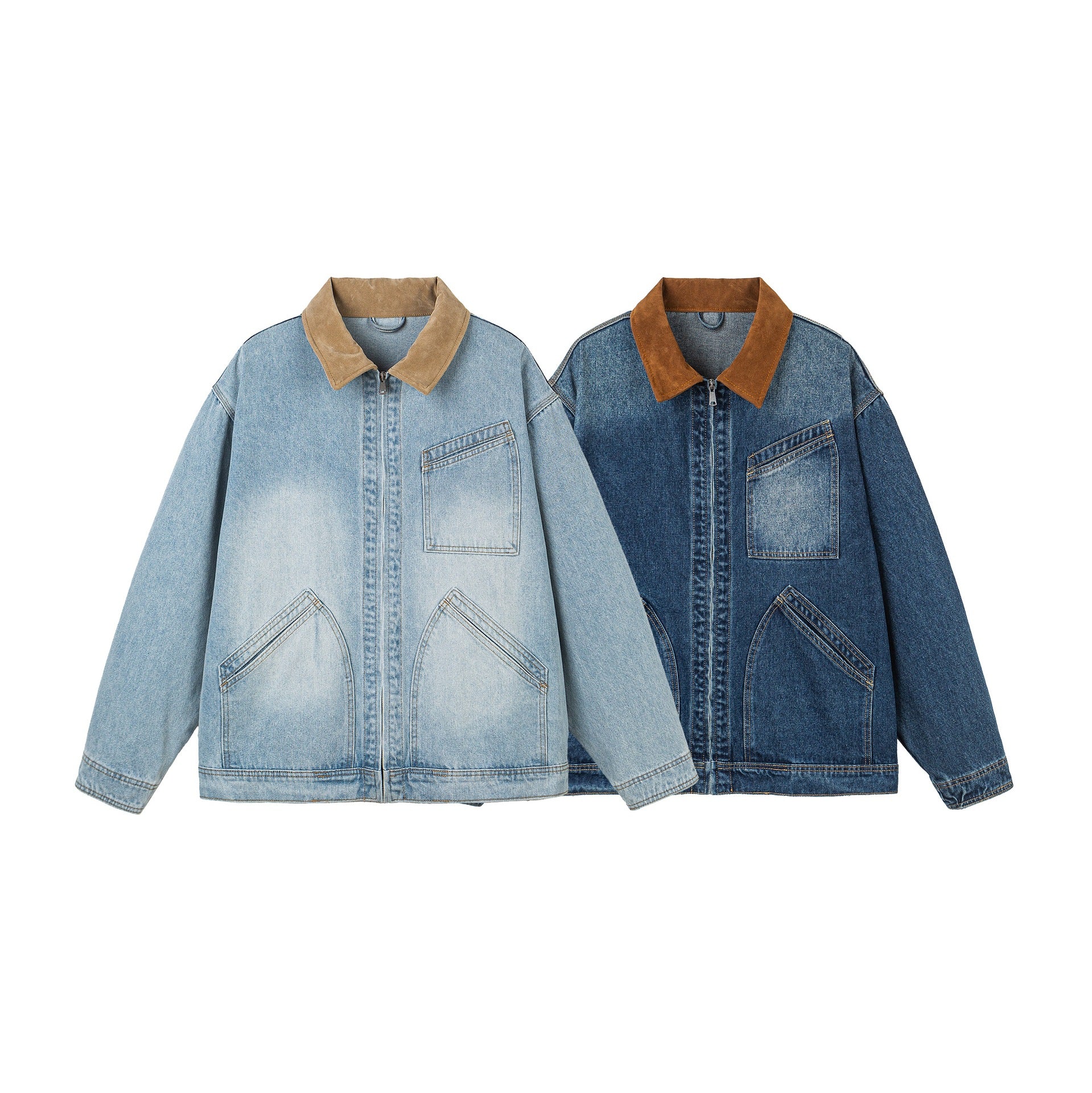 Women's Oversized Denim Jacket with Suede Collar, Concealed Zipper and Distinctive Pockets Chichicherry