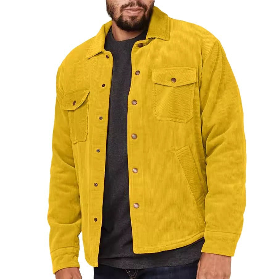 Men's Cord Worker Overshirt with Snap Button Placket, Flap Pockets and Applied Side Pockets Chichicherry