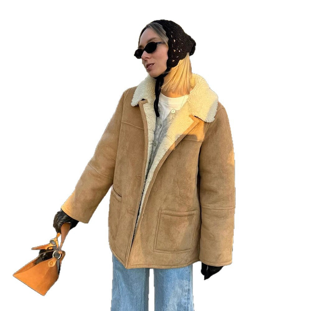 Women's Boxy Lambskin Look Coat with Folded Teddy Collar Chichicherry