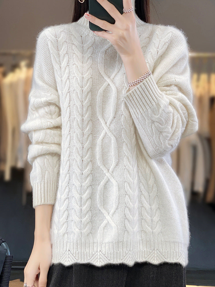 Women's Oversized Cable Knit Sweater with Mohair Look and Ribbed Cuffs Chichicherry