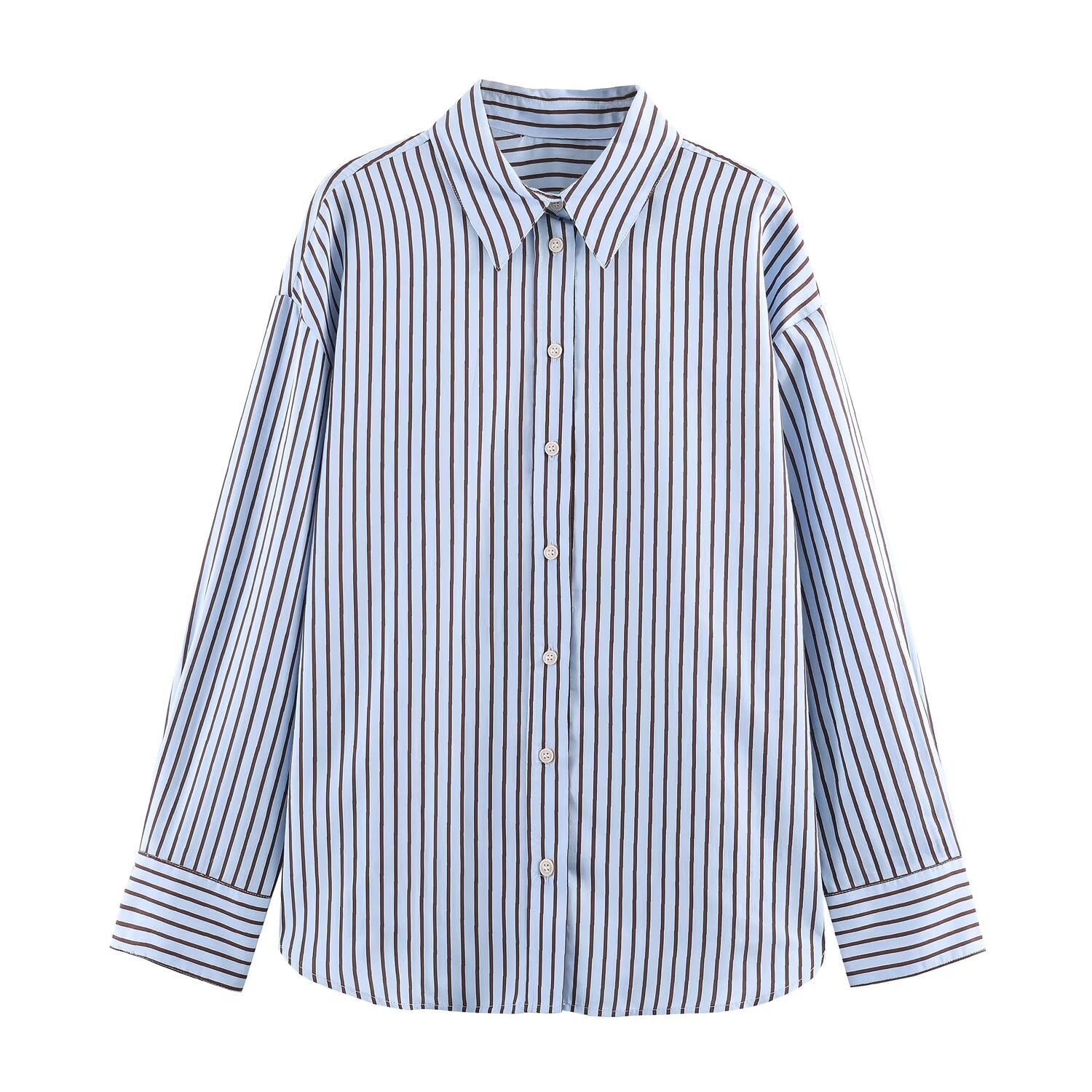 Women’s Oversize Striped Shirt Blouse with Kent Collar, Continuous Button Placket and Long Cuff Chichicherry