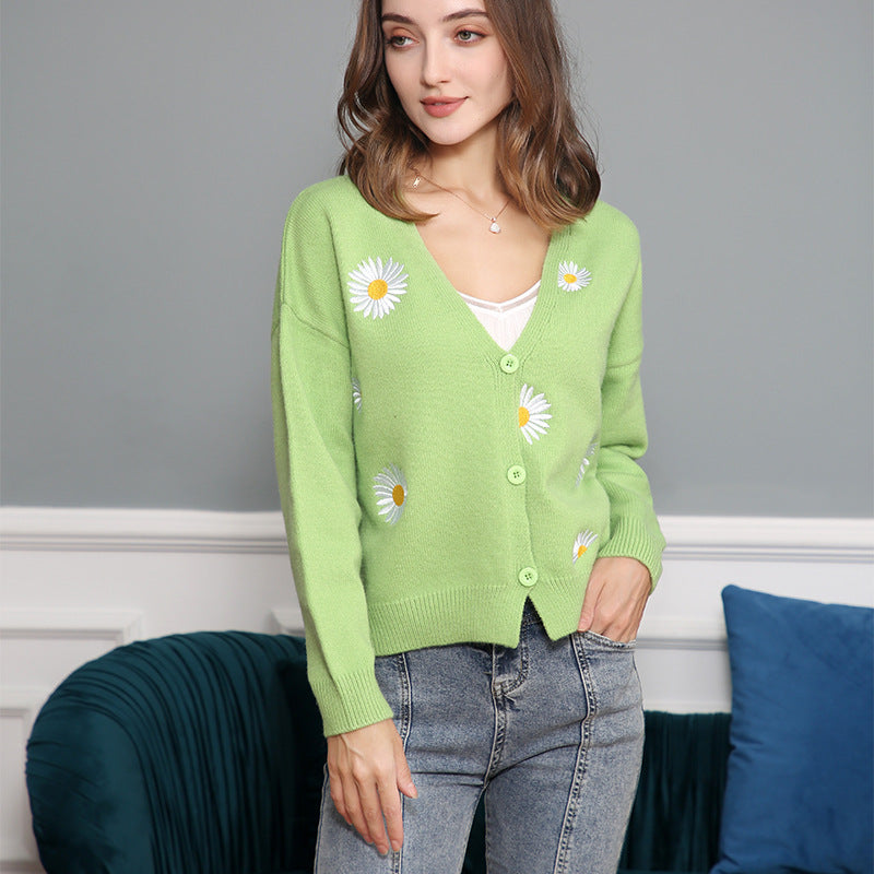 Women Short Cut V-Neck Knit Cardigan with Embroidered Daisies and Ribbed Cuffs Chichicherry