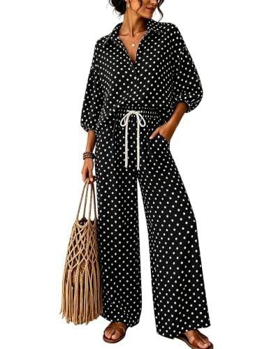Women's Polka Dot Two-Piece Lounge Set with Shirt Blouse Top and Drawstring Wide Leg Pants Chichicherry