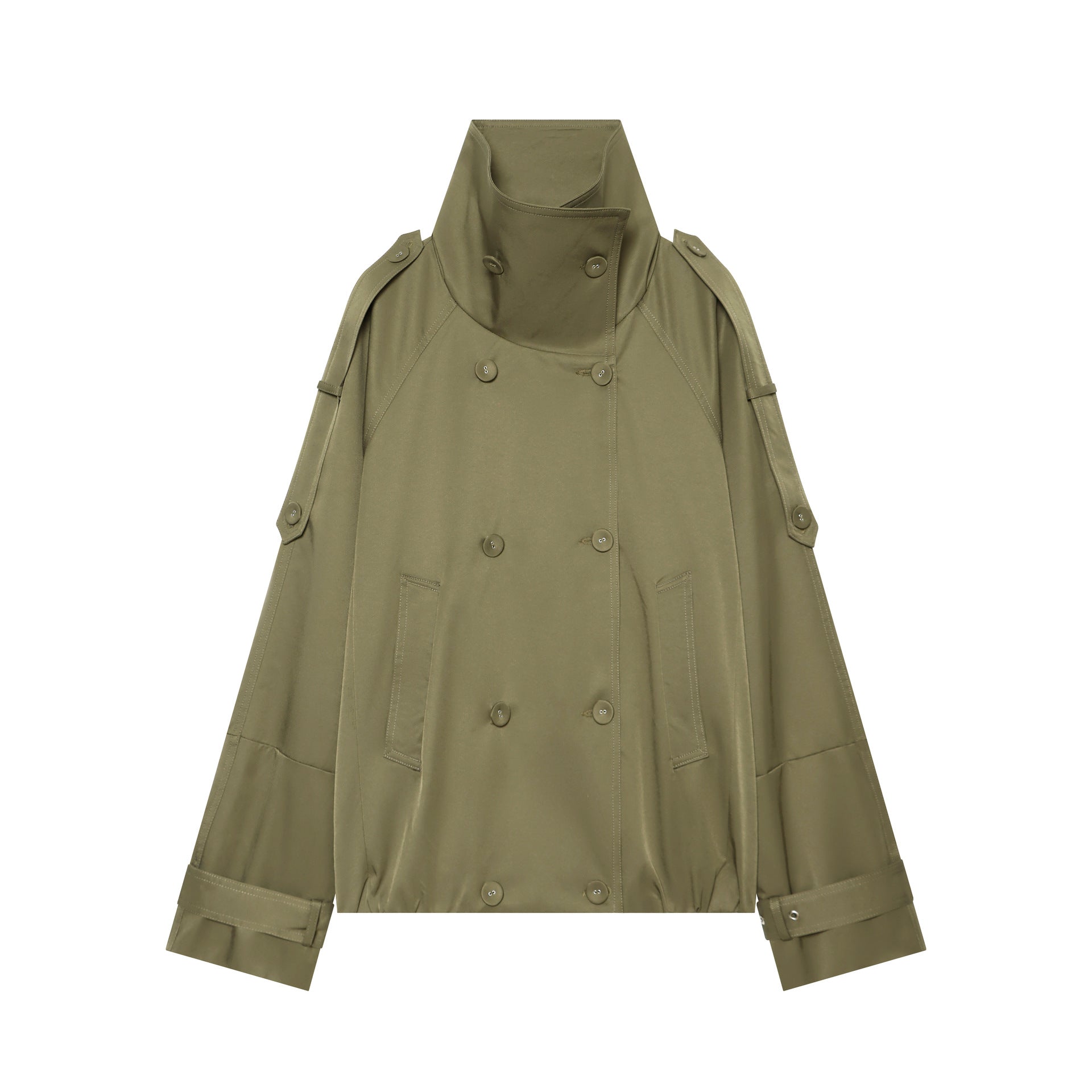 Women's Short Cape Trench with High Funnel Collar and Adjustable Sleeve Straps Chichicherry