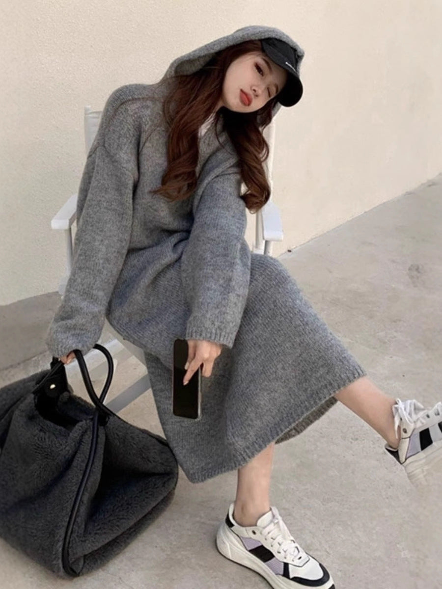Women's Long Hooded Knit Dress made of Wool Blend with Relaxed Oversize Silhouette and Ribbed Hem Chichicherry