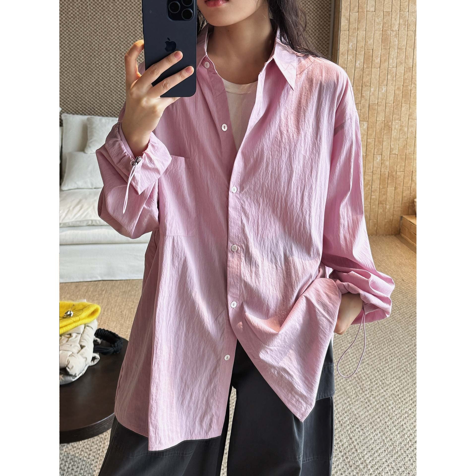 Women Oversized Shirt Blouse with Crinkle Look and Elastic Sleeve Cuffs Chichicherry