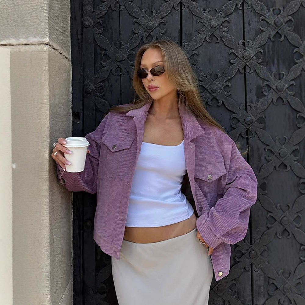 Women’s Oversize Cord Jacket in Cropped Cut with Flap Pockets and Boxy Silhouette Chichicherry