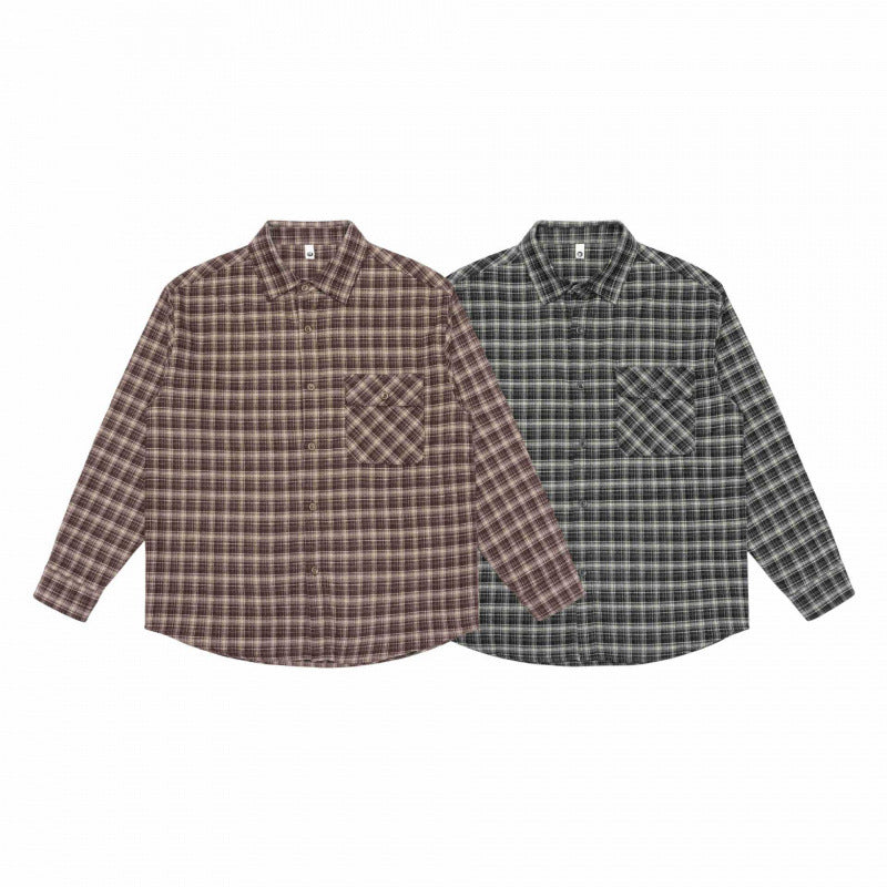 Men's Loose-Fitting Checked Flannel Shirt with Patch Chest Pocket and Rounded Hem Chichicherry