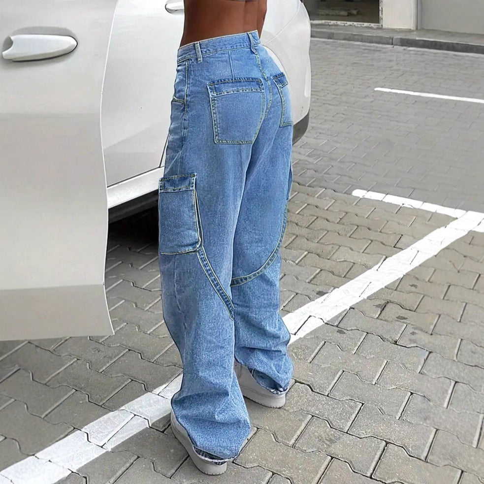 Women's Casual Baggy Cargo Jeans with Adjustable Straps and Flap Pockets Chichicherry
