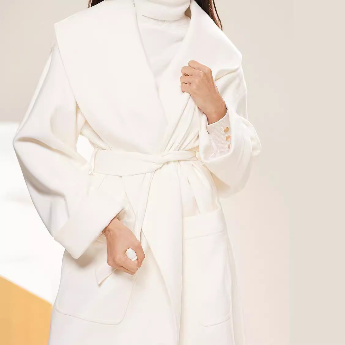 Women Long Oversized Wrap Coat with Generous Shawl Collar and Tie Belt Chichicherry