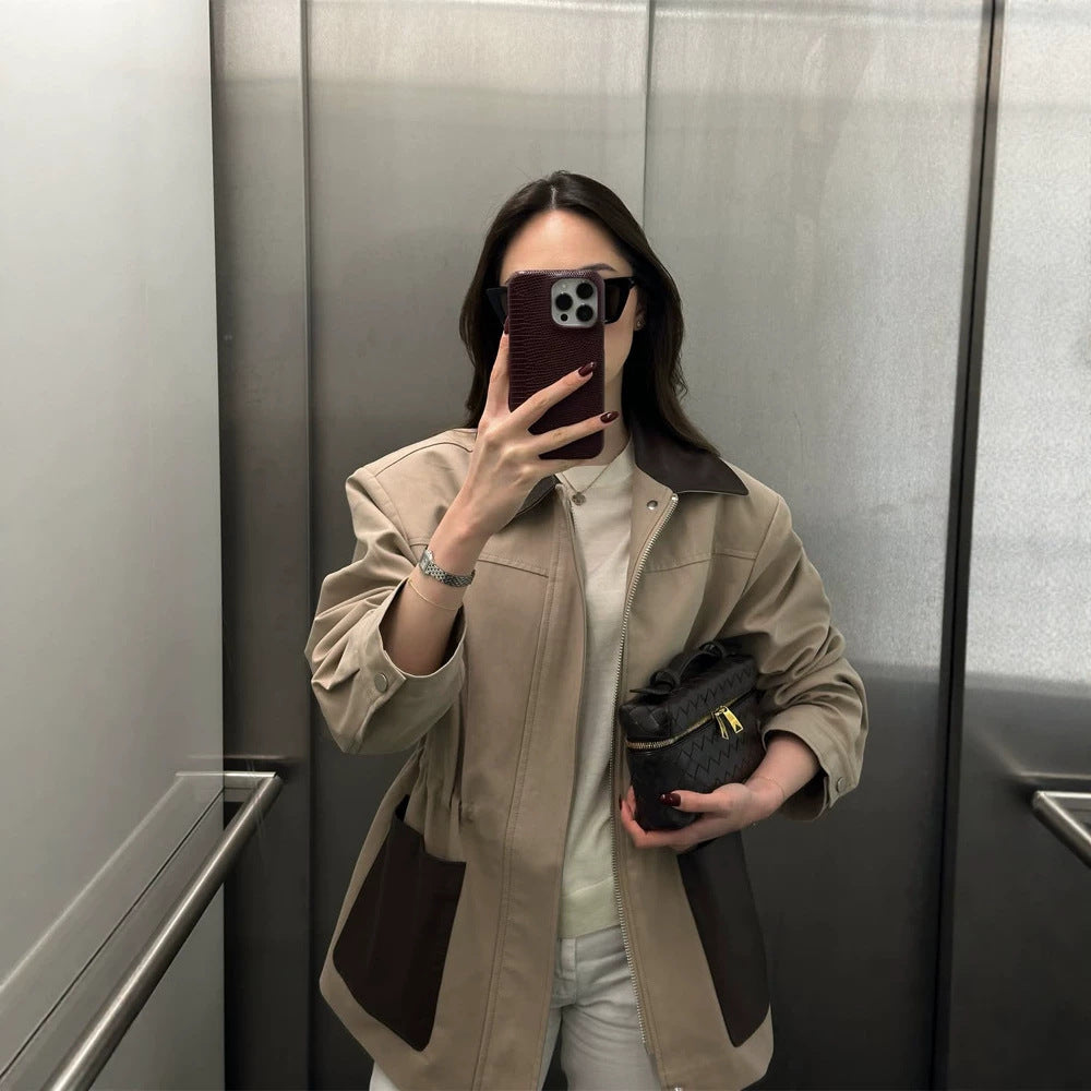 Women Boxy Field Jacket with contrast collar in leather look and appliqued pockets Chichicherry
