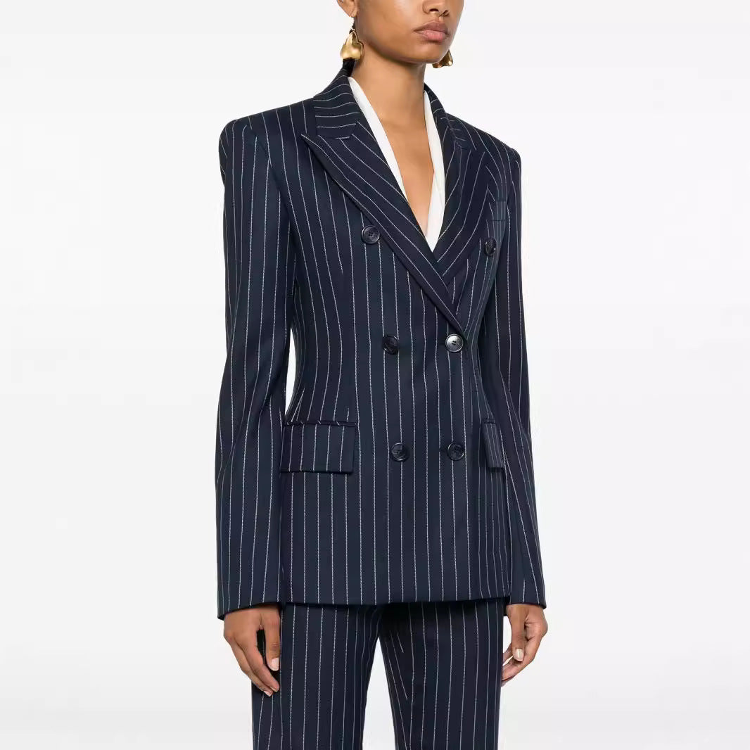 Women's Pinstripe Double-Breasted Blazer with High-Waist Flared Pants Chichicherry