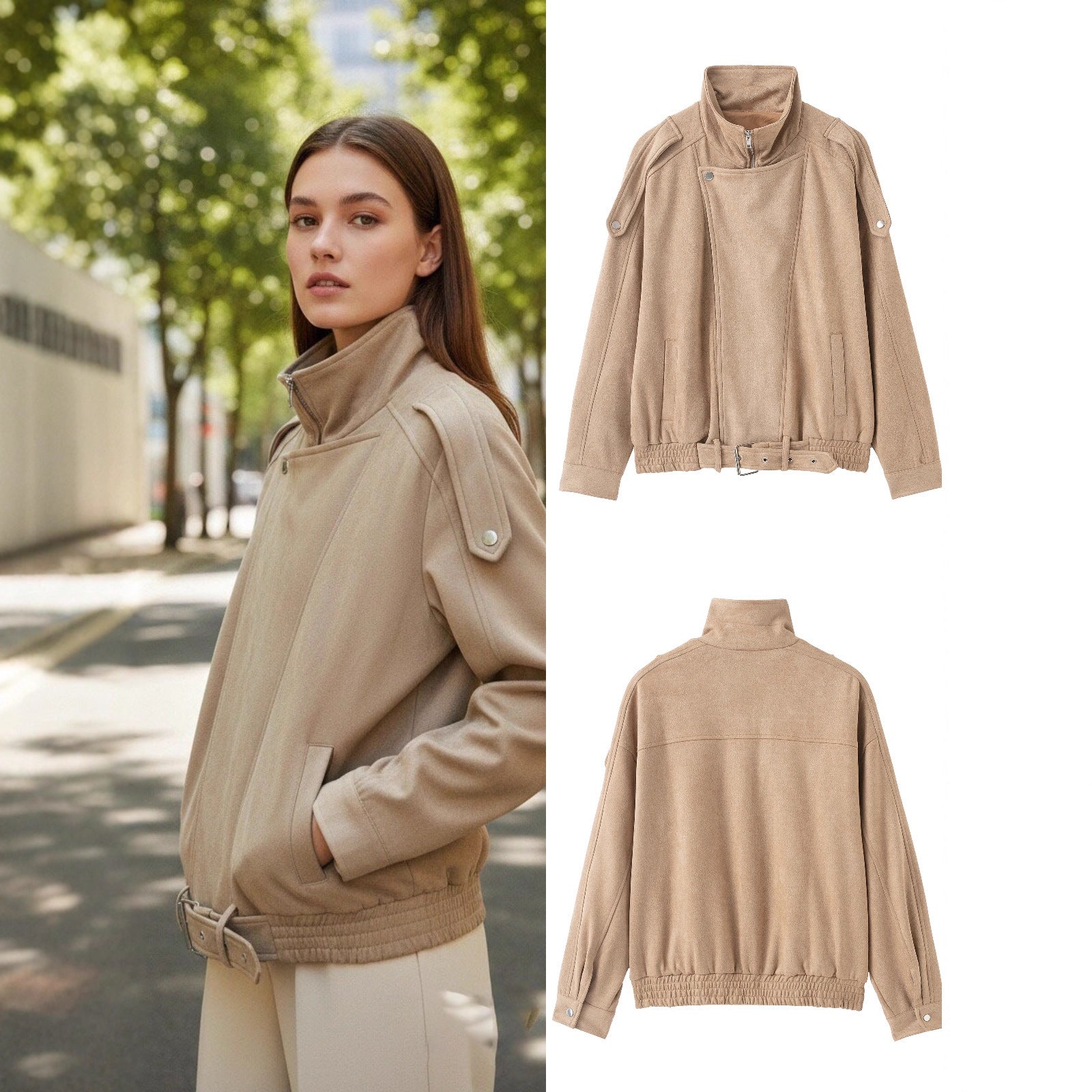 Women's short jacket in suede look with high stand-up collar, shoulder flaps and waist belt Chichicherry