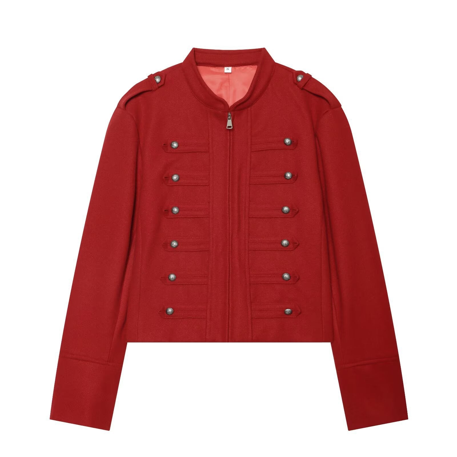 Women's Military Inspired Cropped Wool Blend Jacket with Decorative Button Placket and Stand-Up Collar Chichicherry