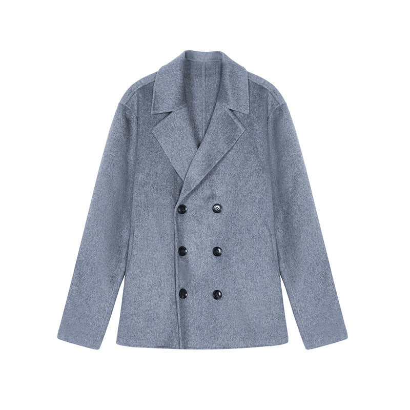 Men's Short Double-Breasted Wool Blend Peacoat with Notch Collar and Thermal Lining Chichicherry