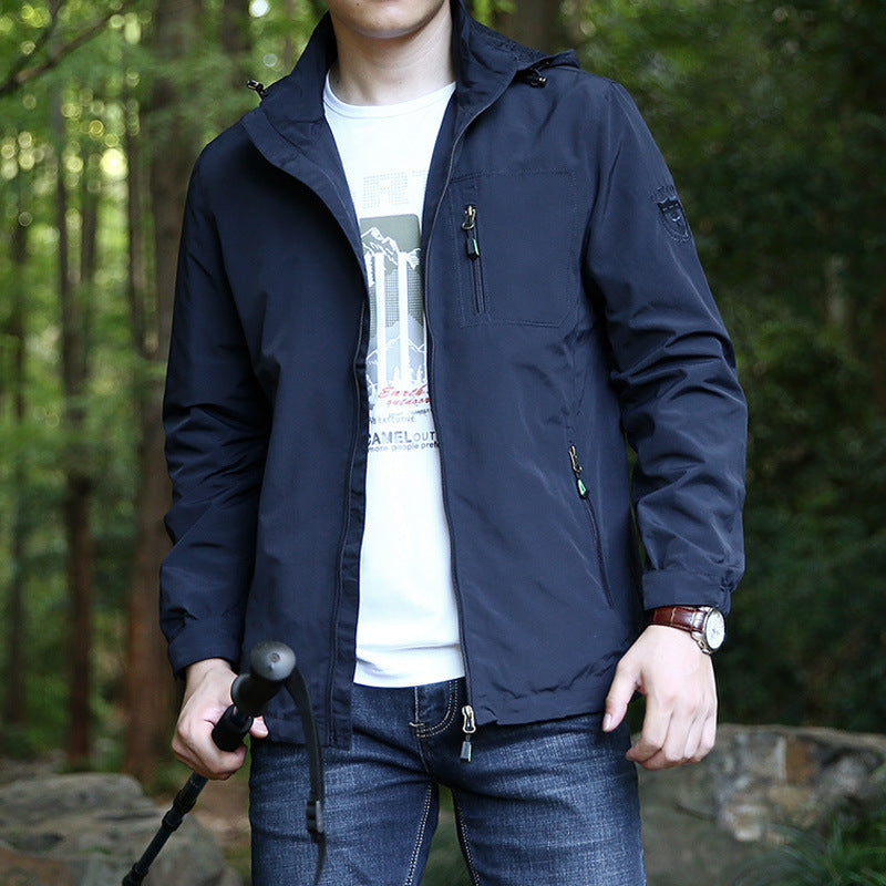 Men's Lightweight Outdoor Field Jacket with Hood, Water-Repellent Shell and Zipper Pockets Chichicherry