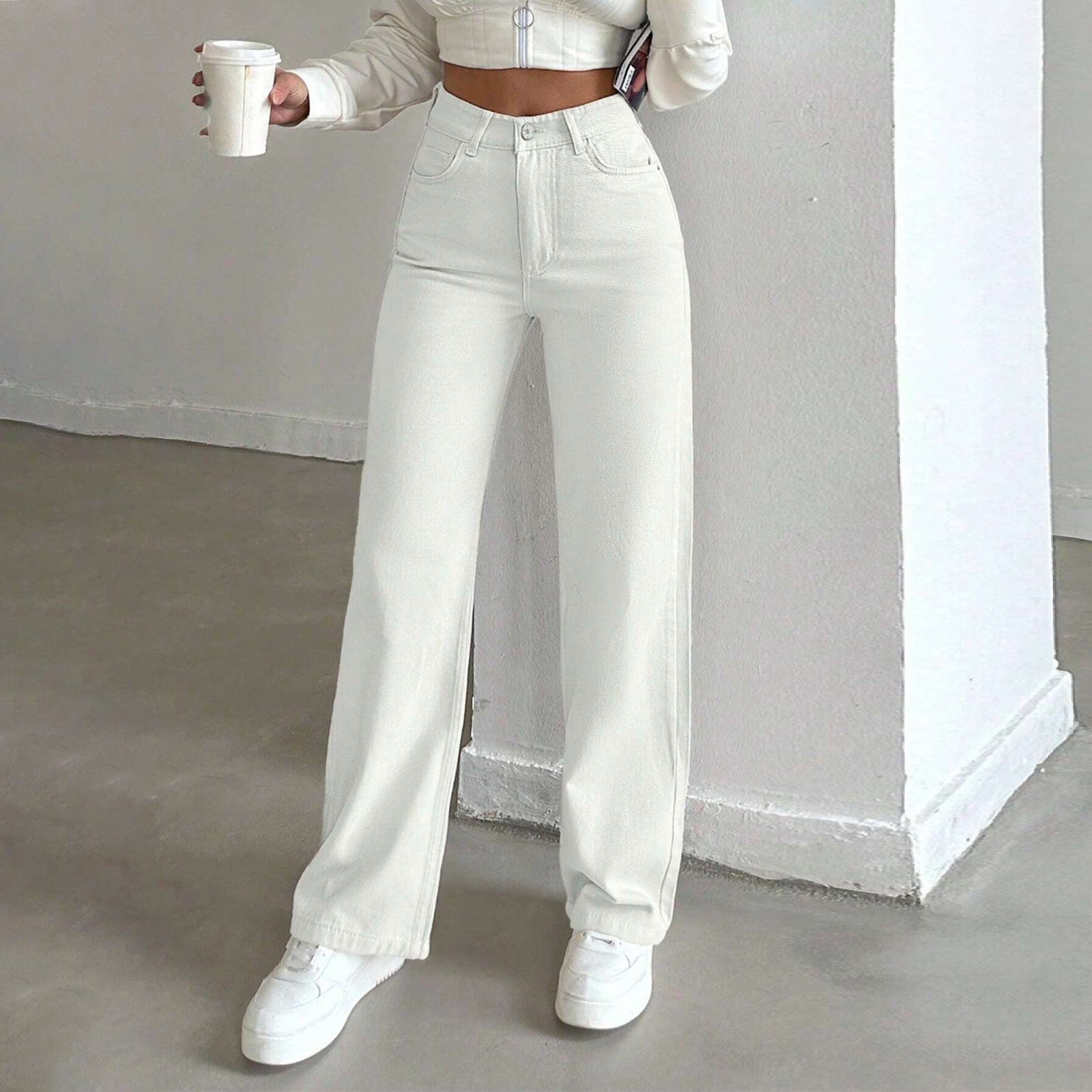 Women's High-Waisted Wide Five-Pocket Pants Made of Stretch Denim with Flared Leg Chichicherry
