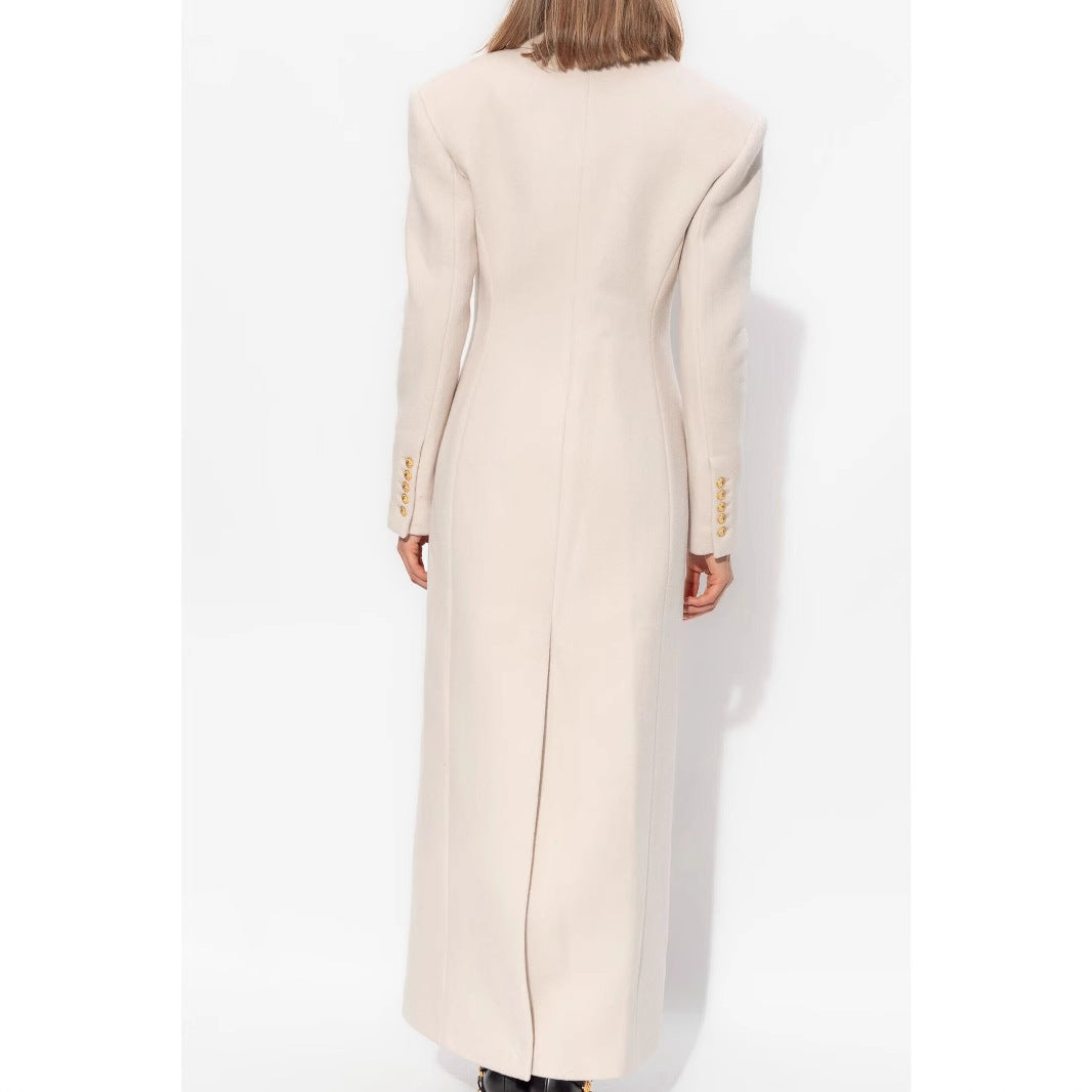 Women’s long-cut wool coat with tailored fit and golden buttons Chichicherry