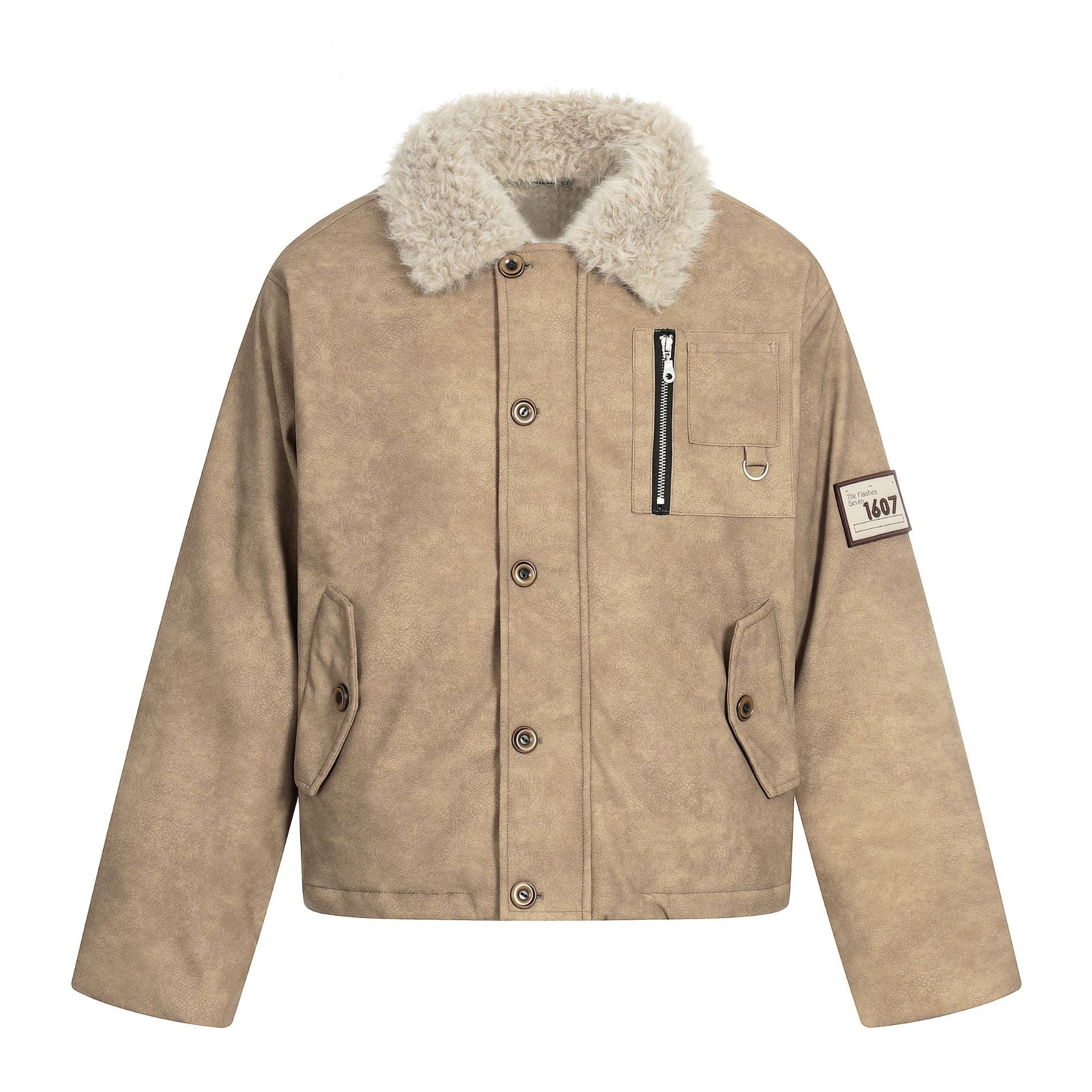 Men's short jacket in retro-military look with teddy fur collar and functional breast pockets Chichicherry