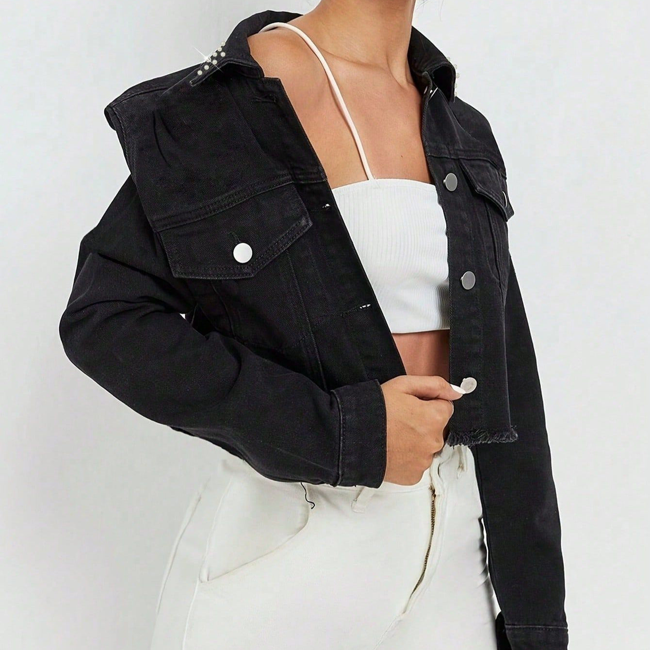 Women Cropped Denim Jacket with Beaded Collar and Raw Fringe Hem Chichicherry