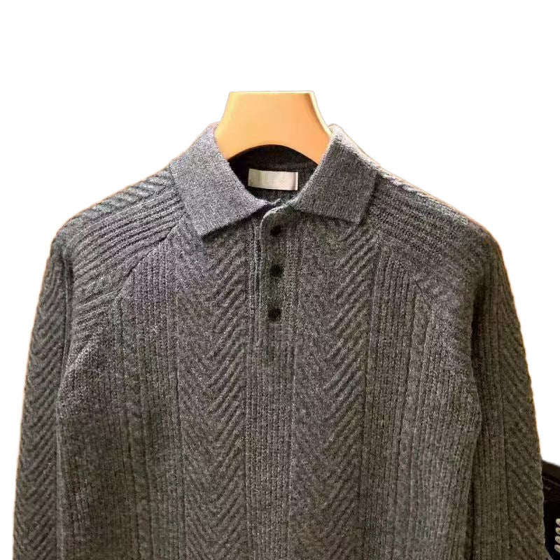 Herren Feinstrick-Polopullover mit halber Knopfleiste und Zopfmuster Chichicherry
