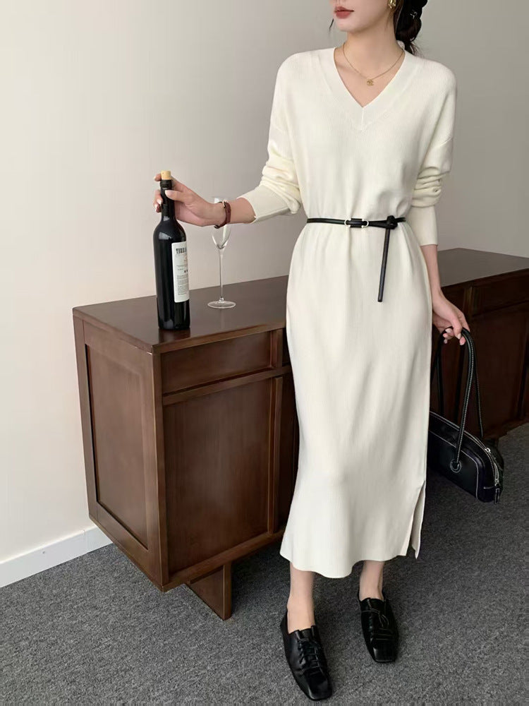 Women Long Fine Knitted Midi Dress with V-Neck, Side Slit and Relaxed Silhouette Chichicherry