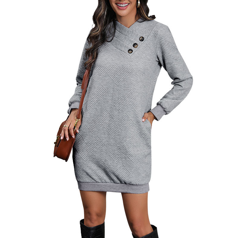Women's Padded Sweatshirt Mini Dress with Asymmetric V-Neck and Decorative Button Placket Chichicherry