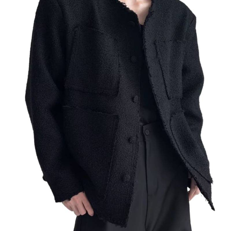 Damen Oversized Bouclé-Jacke ohne Kragen mit aufgesetzten Taschen und Raw‑Edge-Details Chichicherry