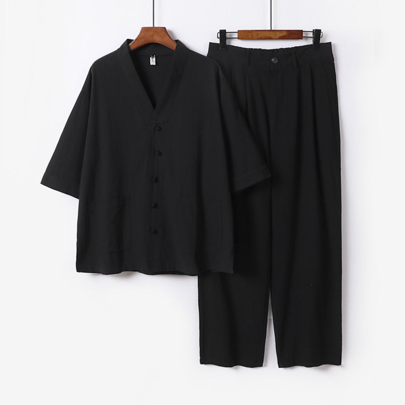 Unisex Zen-inspired Relax Set with short sleeve kimono top, concealed button placket, and elastic waistband pants Chichicherry