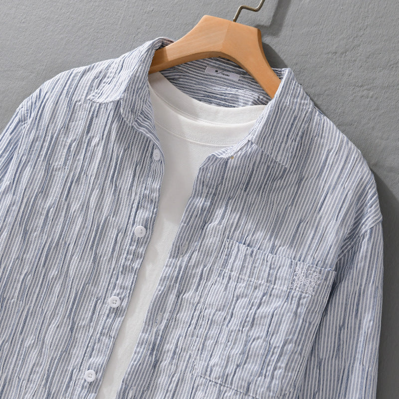 Men Striped Linen Relaxed Shirt with Chest Pocket and Button Placket Chichicherry