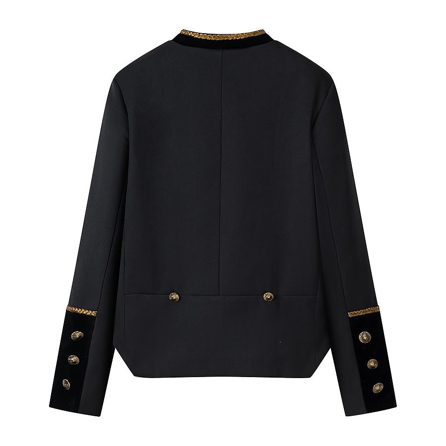 Women's Cropped Parade Military Jacket with Gold Decorative Cord, Stand-Up Collar and Velvet Trim Chichicherry