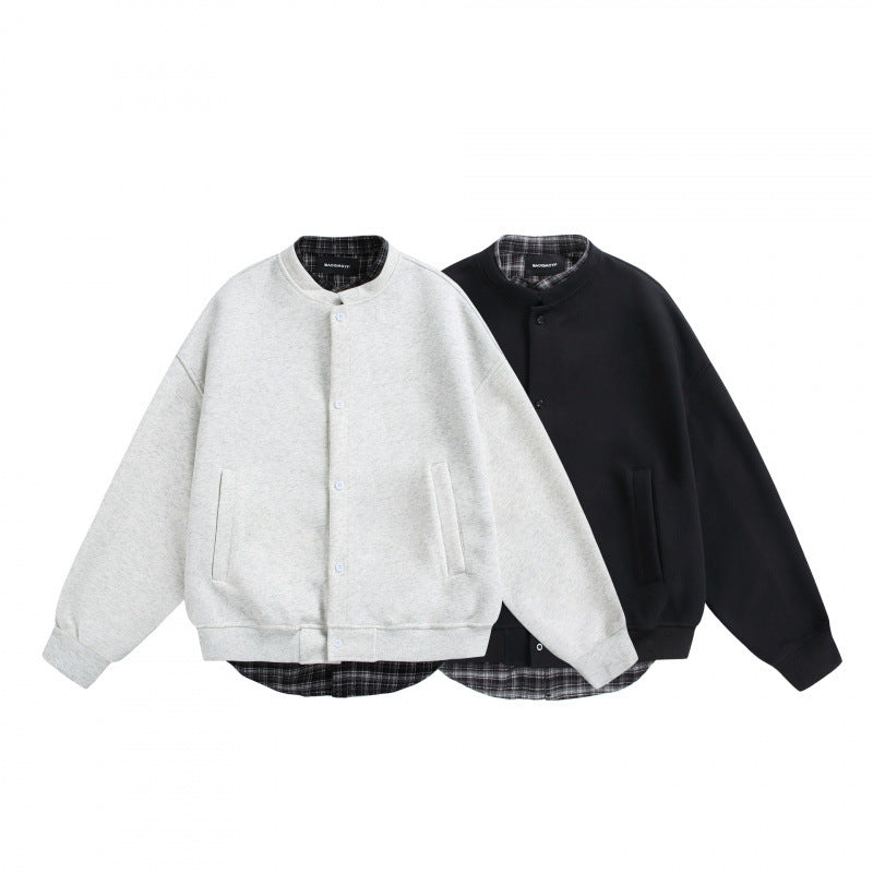 Men's Oversized College-Style Sweat Jacket with Concealed Snap Button Placket and Checked Lining Chichicherry