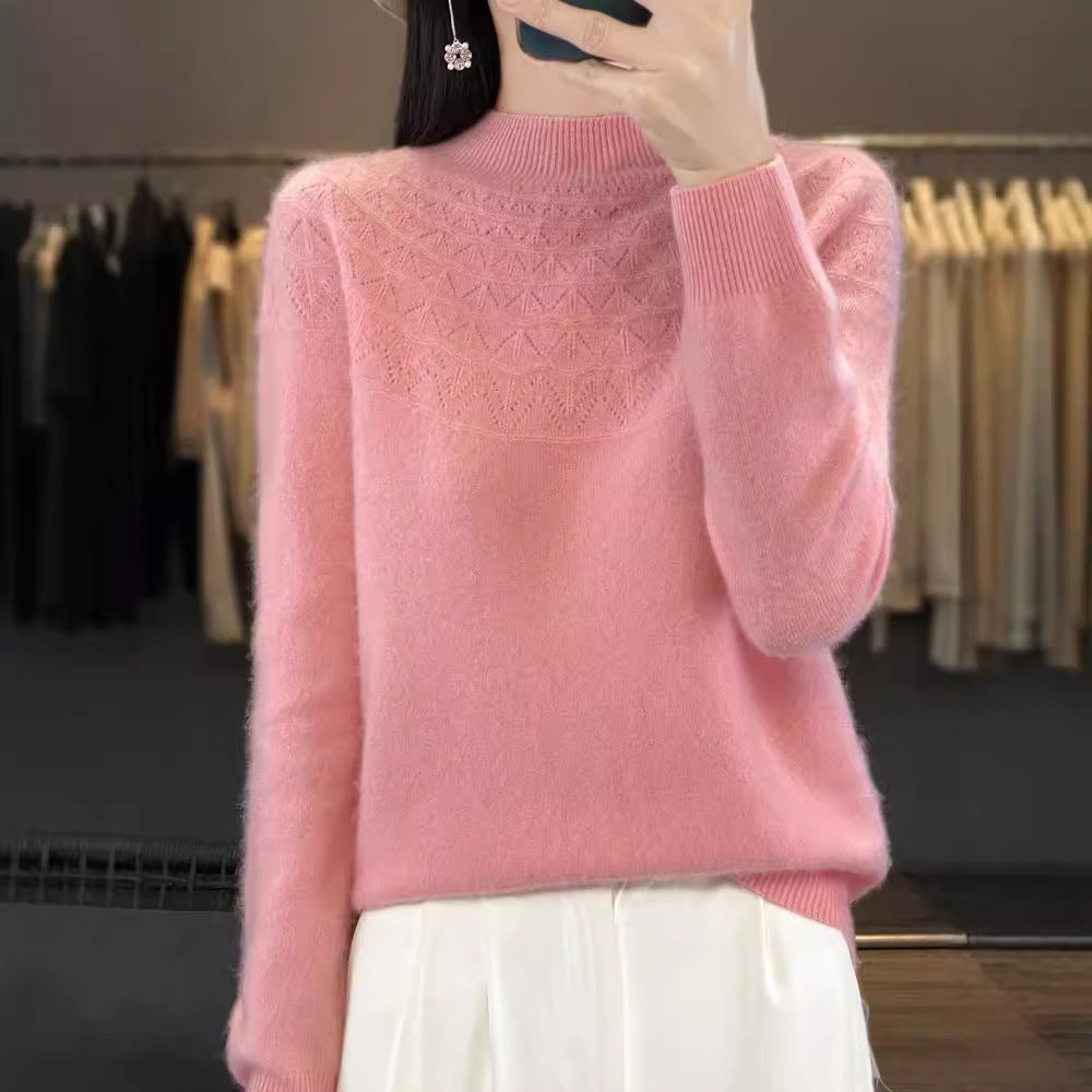 Women's Cozy Mohair-Effect Sweater with Decorative Texture at the Top and Stand-Up Collar Chichicherry