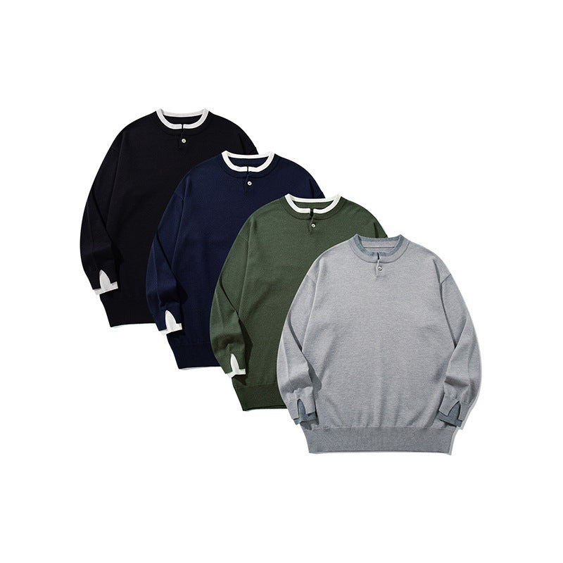Unisex Oversize Fine Knit Sweater with Henley Button Placket and Slit Cuffs Chichicherry