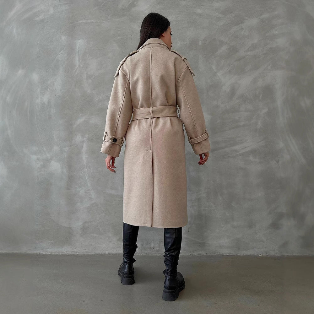 Damen Oversize Wollmix-Mantel mit doppelreihiger Knopfleiste und Taillengürtel Chichicherry