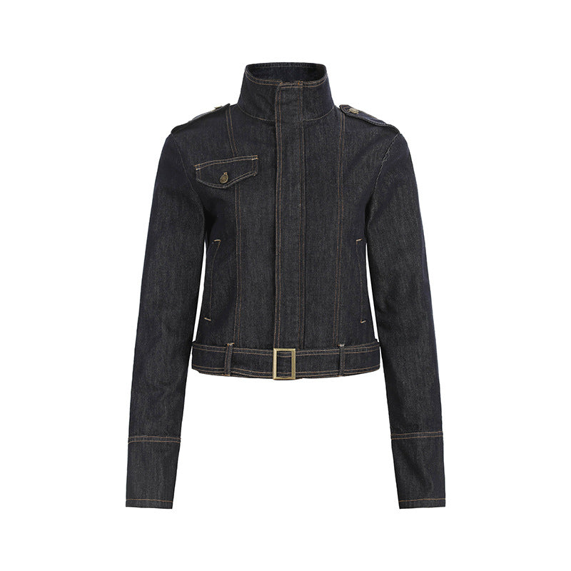 Women's tailored denim jacket with high stand-up collar, waist belt and shoulder patches Chichicherry