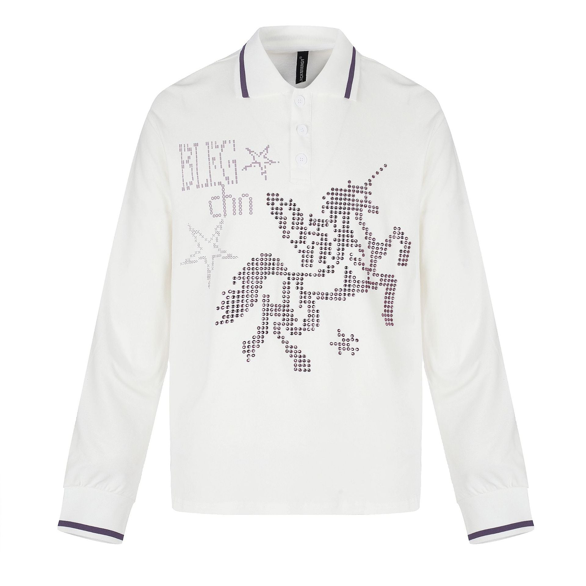 Women's Long Sleeve Polo Shirt with Rhinestone Appliqué and Contrasting Cuffs Chichicherry