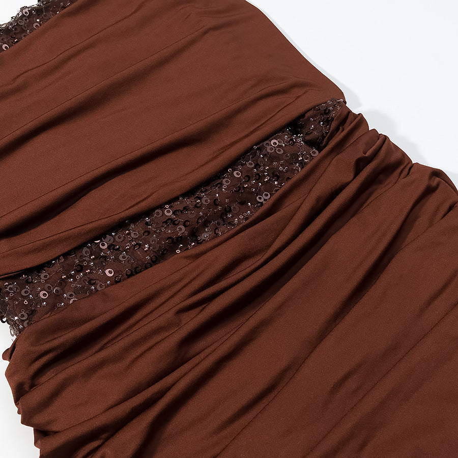 Ladies evening dress with off-the-shoulder draped top and sequin insert Chichicherry