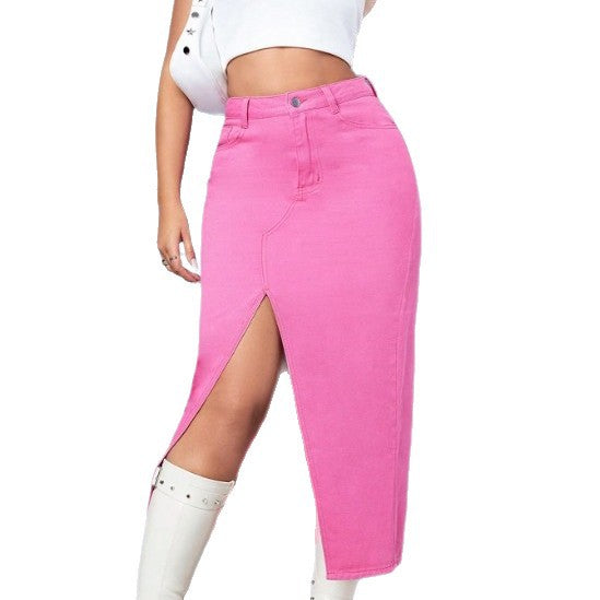 Women’s high-waisted pencil mid-skirt made of stretch denim with central leg slit and five-pocket details Chichicherry